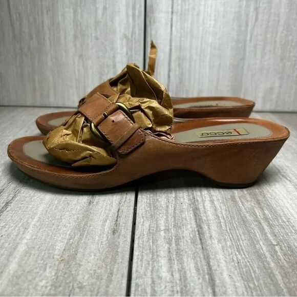 ECCO Brown Leather Slip On Slides Thong Flip Flop Sandals Buckle Women 11 EUR 42 - Picture 4 of 10